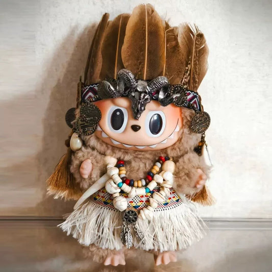 For The Monsters Labubu’s Tribal Spirit Outfit – Feather Headdress + Necklace + Fringe Grass Skirt
