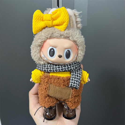 For The Monsters Labubu’s Sunny Day Outfit – Yellow Bow + Scarf + Yellow Tee + Brown Furry Overalls
