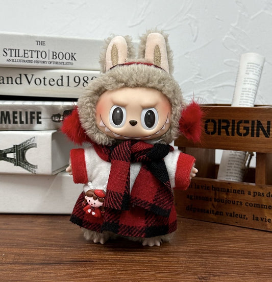 For The Monsters Labubu’s Winter Costume – Earmuffs + Plaid Scarf + Long Sleeve Dress