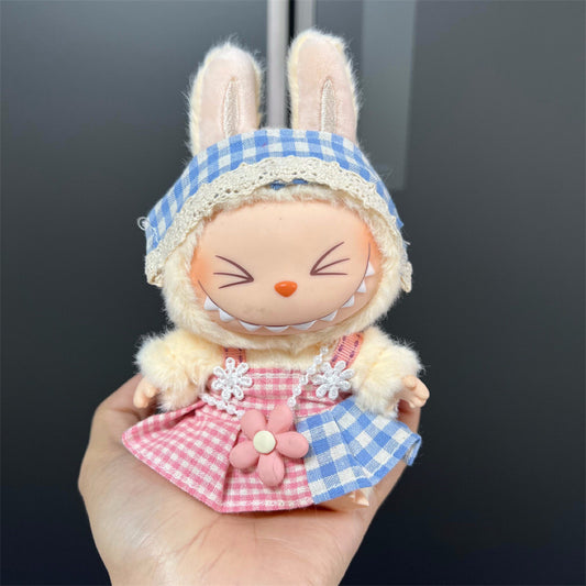 For The Monsters Labubu’s Sweet Garden Look – Blue Lace Headband + Gingham Dress + Floral Crossbody Bag